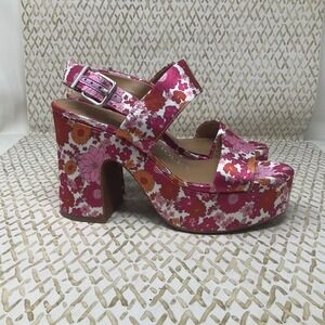 Chelsea & Violet Platform Heels Pink Satin Florals Sz 7.5 Buckle Shoes